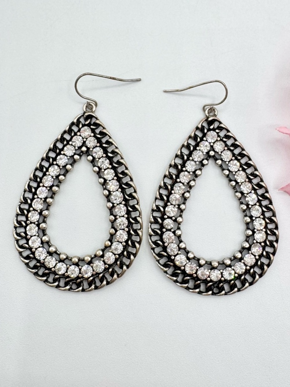 Premier Designs Crystal And Chain Teardrop Frame Dangle Earrings Edgy Alt Grunge